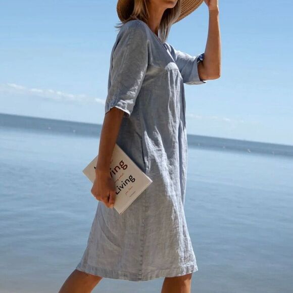 Sauths Light Blue Linen Kyoto Midi Dress Women 2XL Lagenlook Relaxed Oversized - Picture 1 of 11